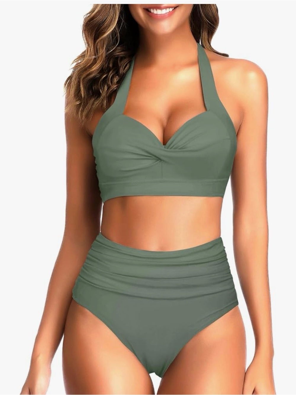 High-Waist Halter Bikini Set in Olive - Women Swim SZ S